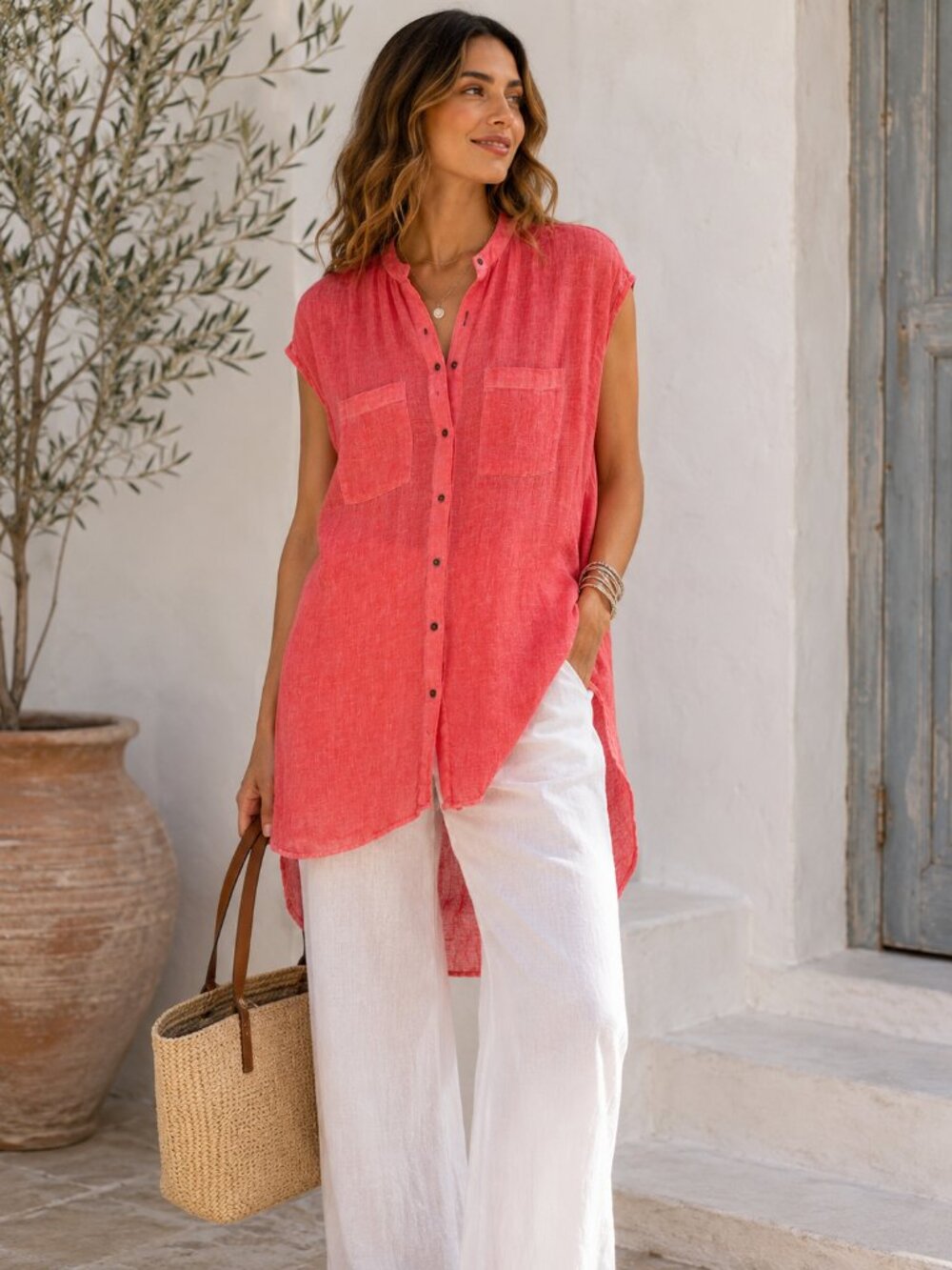 Holding Horses Anthropologie 100% Linen Tunic XS Coral Pink Button Oversize 1282